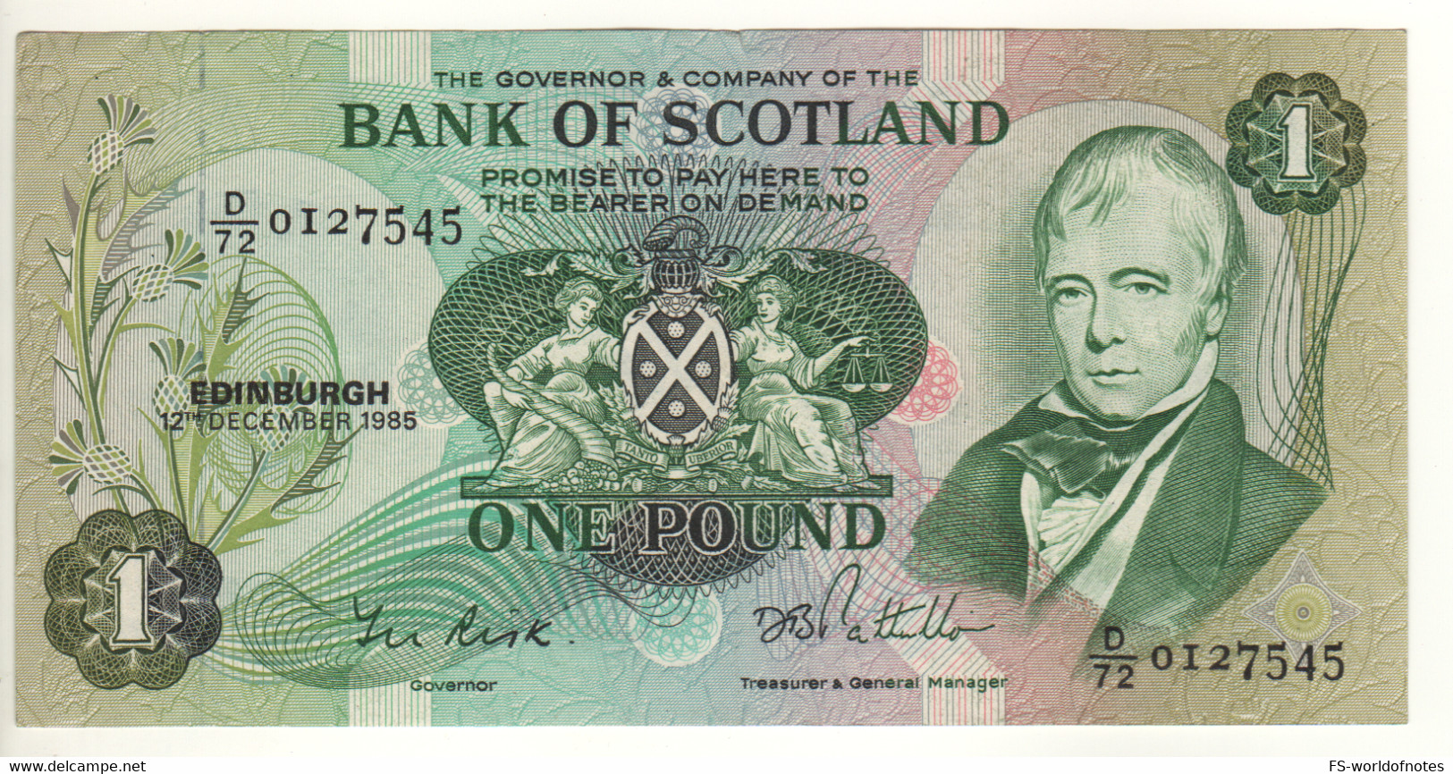 SCOTLAND  1 Pound    Bank Of Scotland  P111f   Dated 12th December, 1985  (Sir. Walter Scott+sailing Ship On Back) - 1 Pond