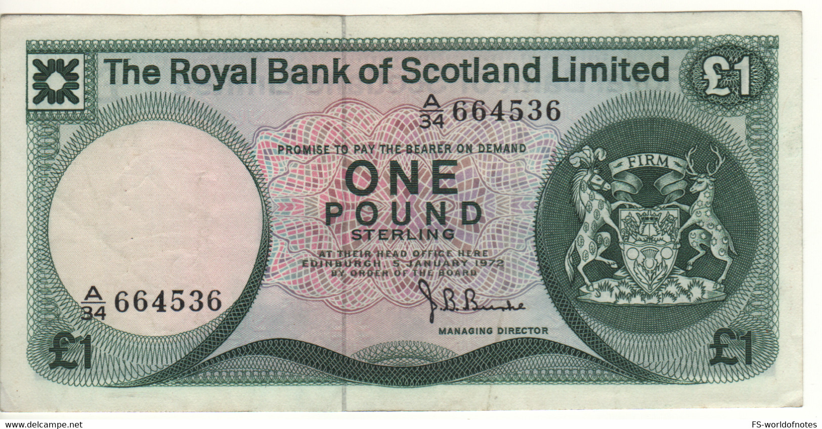 SCOTLAND  1 Pound  The Royal Bank Of Scotland  P336a  Dated 5 January 1972   Edinburgh Castle - 1 Pound