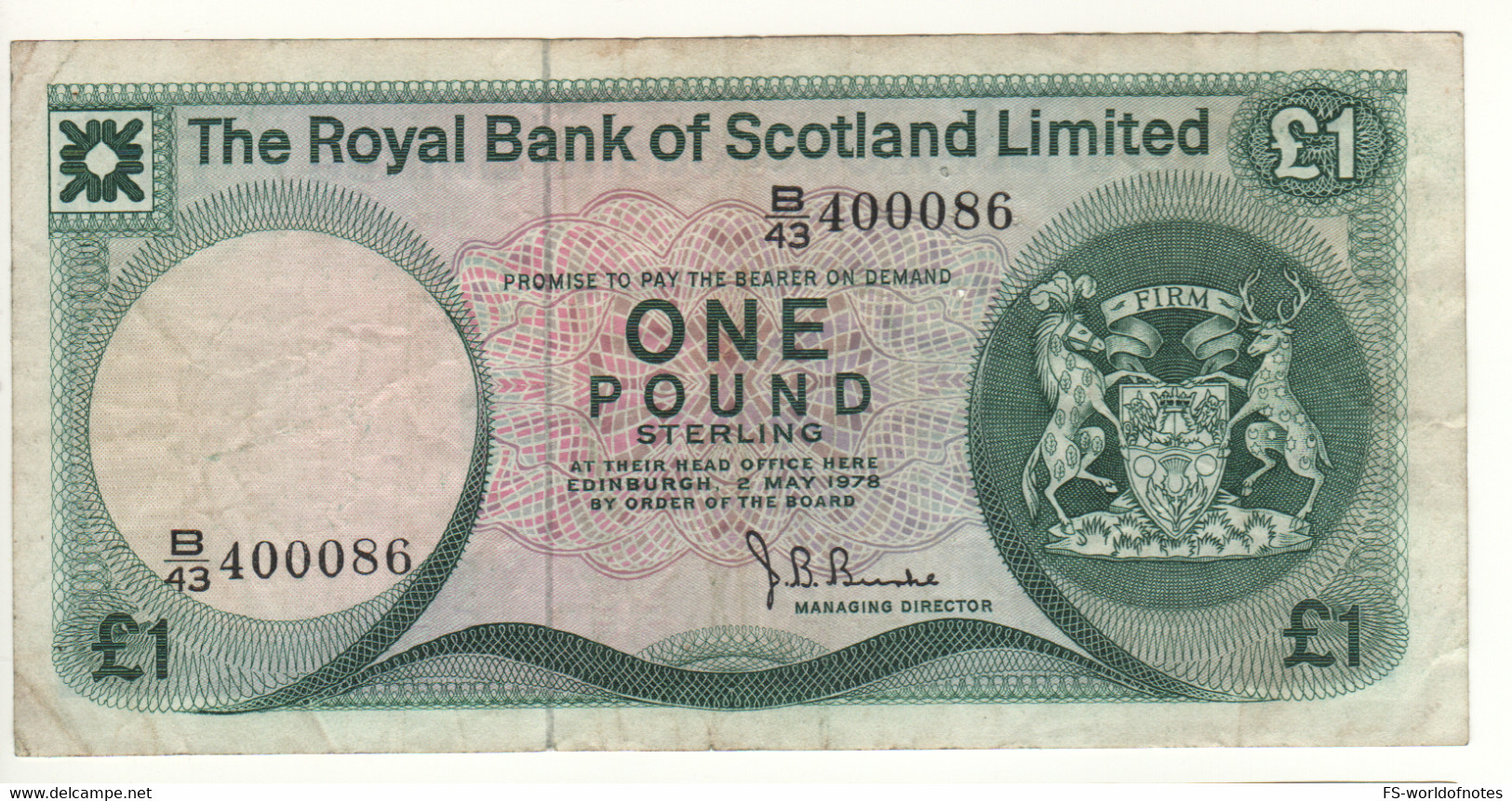 SCOTLAND  1 Pound  The Royal Bank Of Scotland  P336a  Dated 2 May, 1978   Edinburgh Castle - 1 Pond