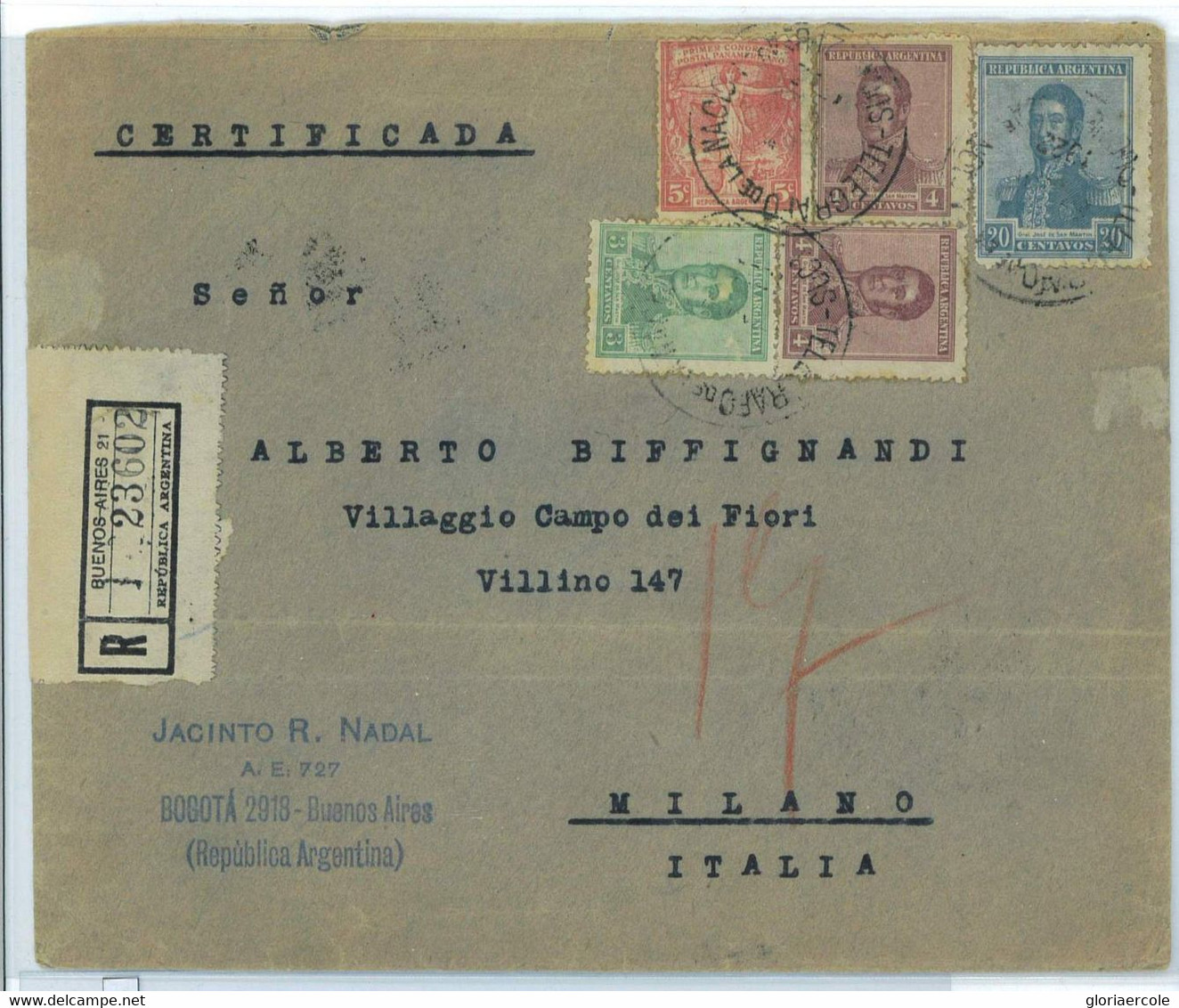 Aa3094 - ARGENTINA - POSTAL HISTORY - Registered COVER To ITALY 1922 Telegrafo De La Nacion - Covers & Documents