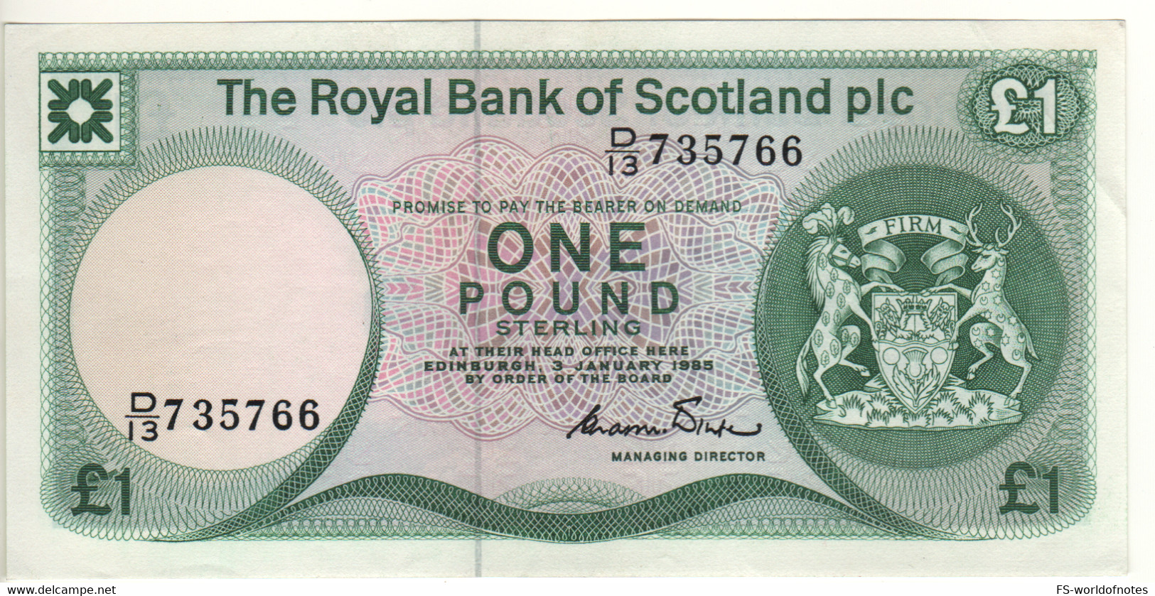 SCOTLAND  1 Pound  The Royal Bank Of Scotland  P341b   Dated 3 January, 1985   Edinburgh Castle - 1 Pond