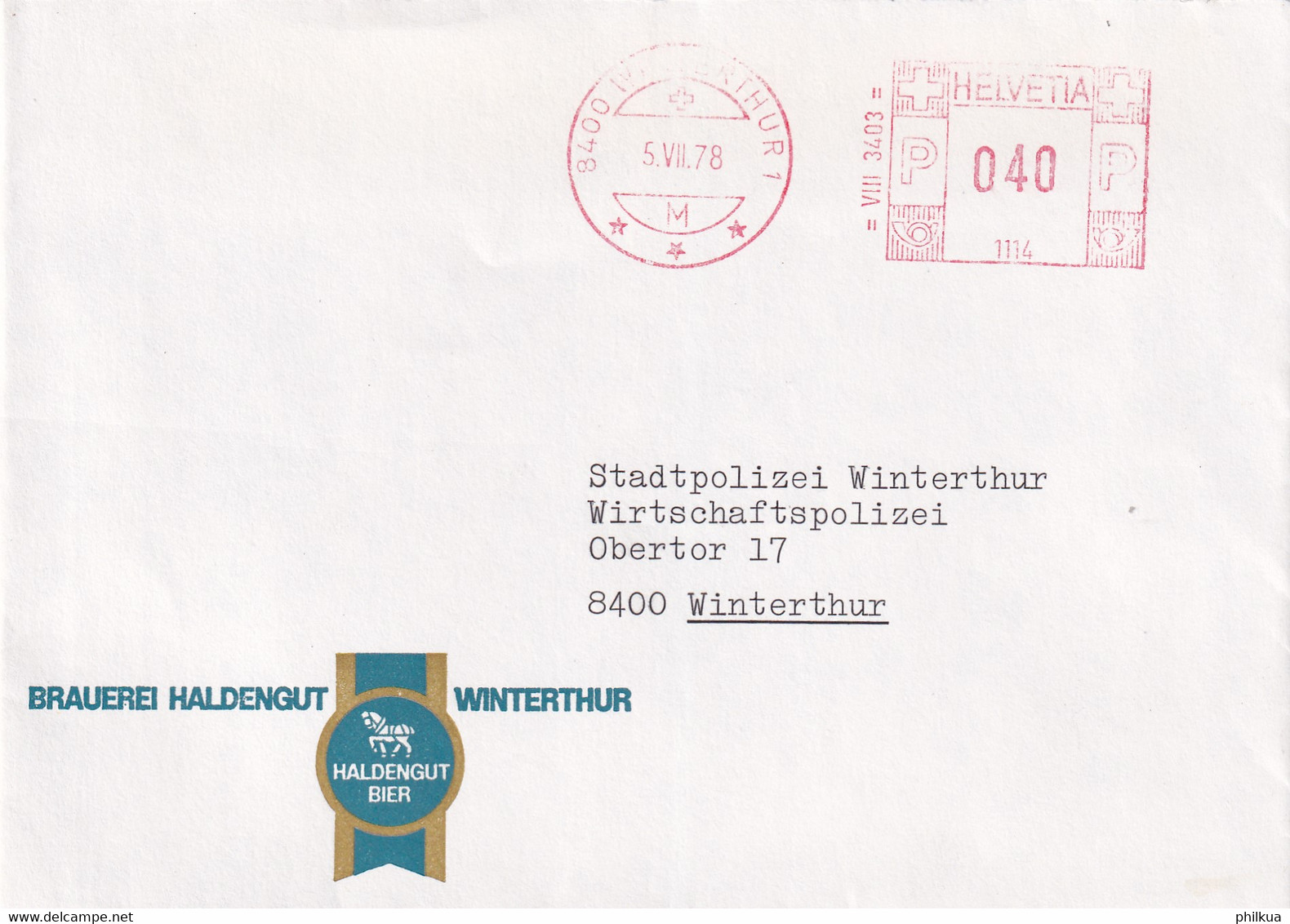 Freistempel WINTERTHUR Auf Brief VoN Der Brauerei Haldengut - Affranchissements Mécaniques