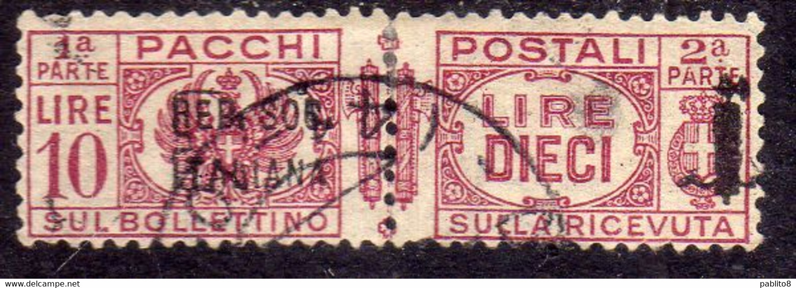 ITALIA REGNO ITALY KINGDOM 1944 REPUBBLICA SOCIALE ITALIANA PACCHI POSTALI PARCEL POST FASCIO LIRE 10 USATO USED FIRMATO - Paketmarken