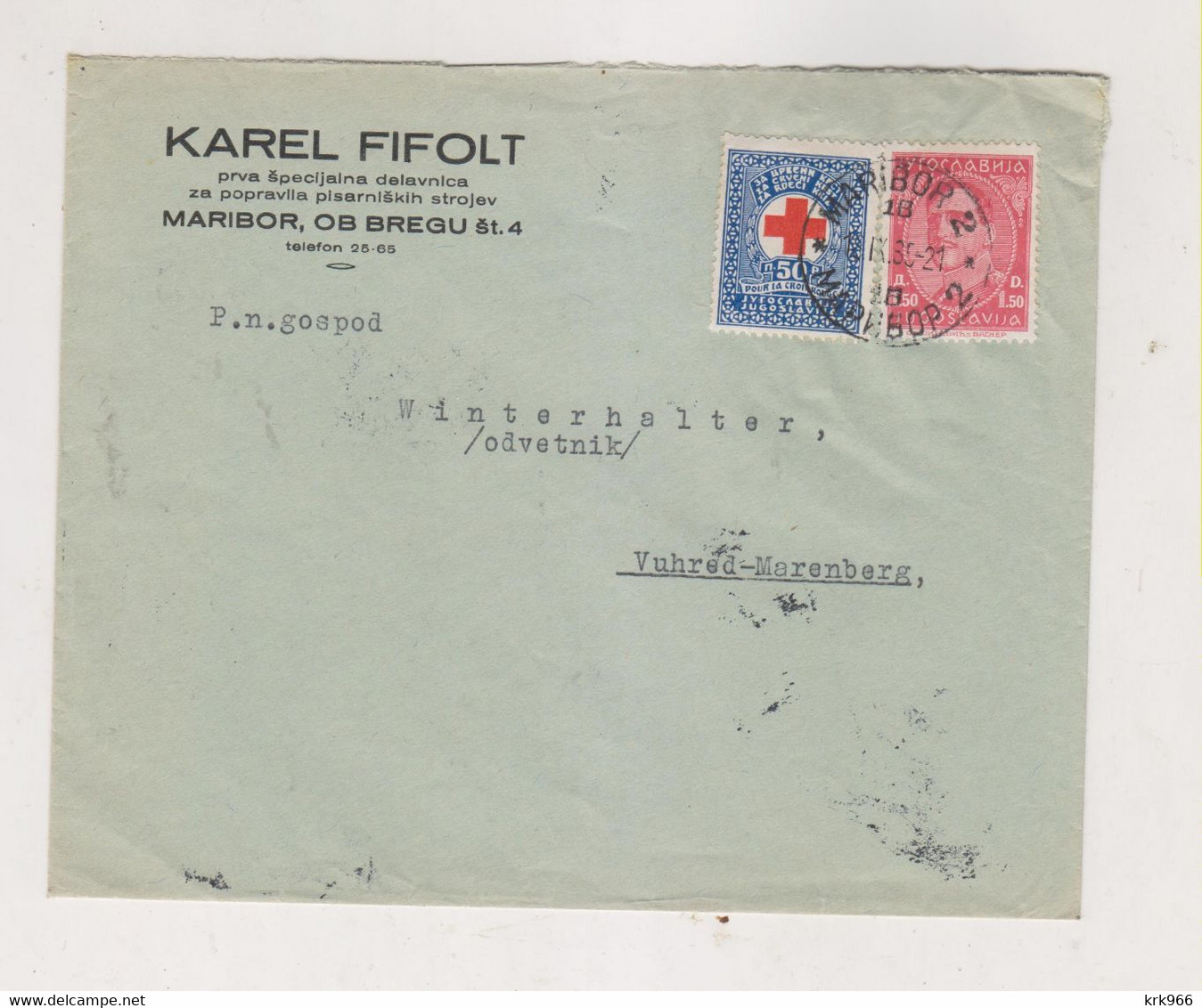 YUGOSLAVIA, 1935 MARIBOR Nice Cover KAREL FIFOLT + Charity Stamp Red Cross - Sonstige & Ohne Zuordnung