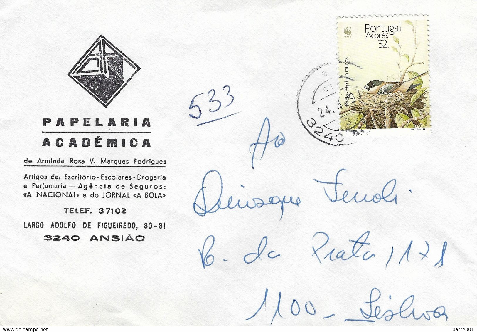Portugal 1990 Ansiao WWF Azores Bullfinch Pyrrhula Murina Cover - Lettres & Documents