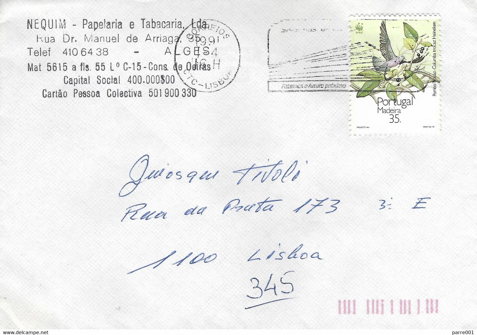 Portugal 1991 Lisboa WWF Dove Wood Pigeon Columba Palumbus Cover - Brieven En Documenten
