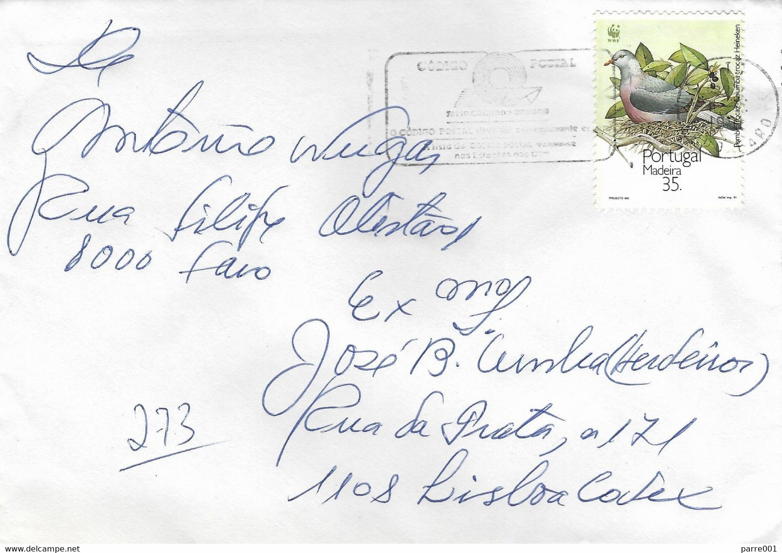 Portugal 1991 Faro WWF Dove Wood Pigeon Columba Palumbus Cover - Brieven En Documenten