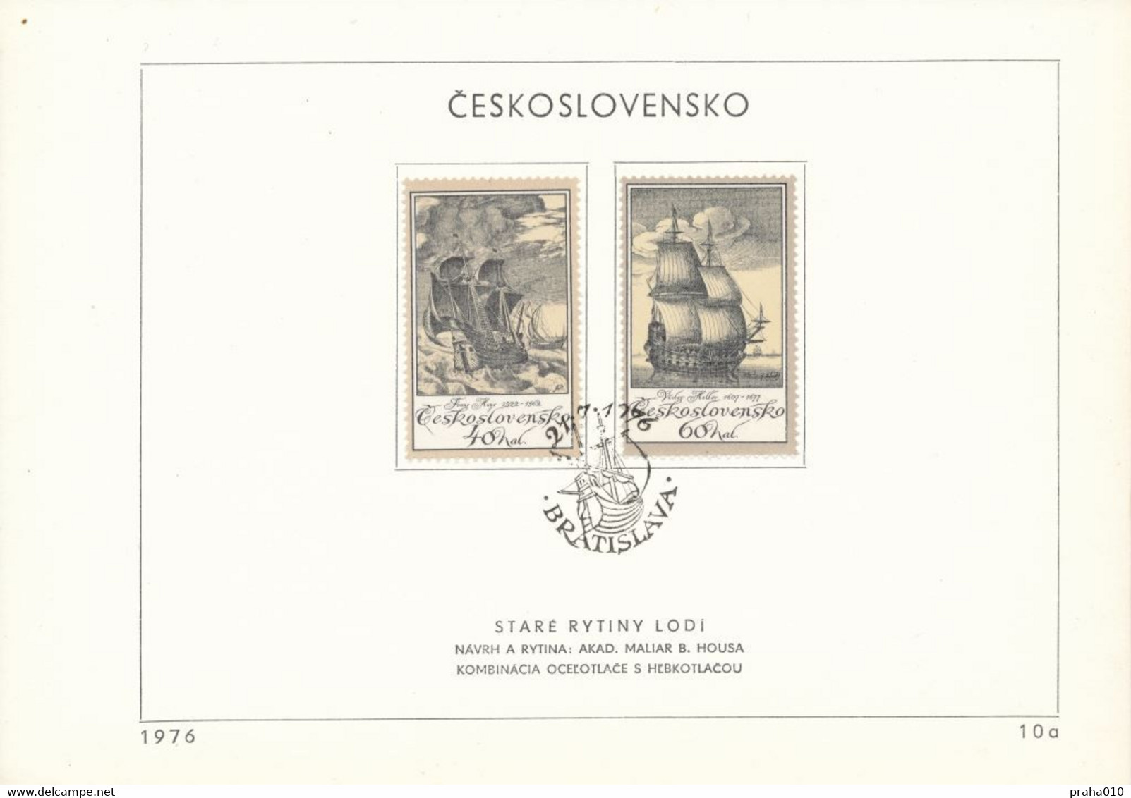 Czechoslovakia / First Day Sheet (1976/10 A) Bratislava: Engravings Ships (Frans Huys, Vaclav Hollar) - Grabados