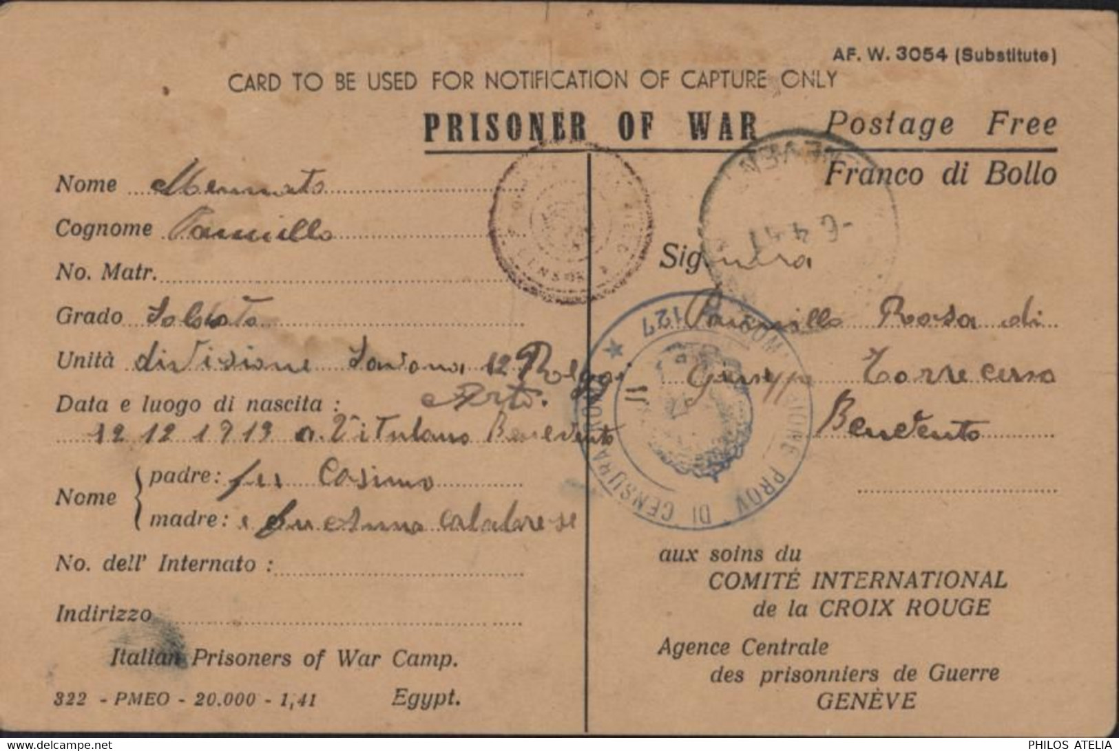 Guerre 40 Notification Of Capture Prisoner Of War (italien) Egypte Camp ? 20 1 41 Censure Egypte + Italie X2 - Covers & Documents