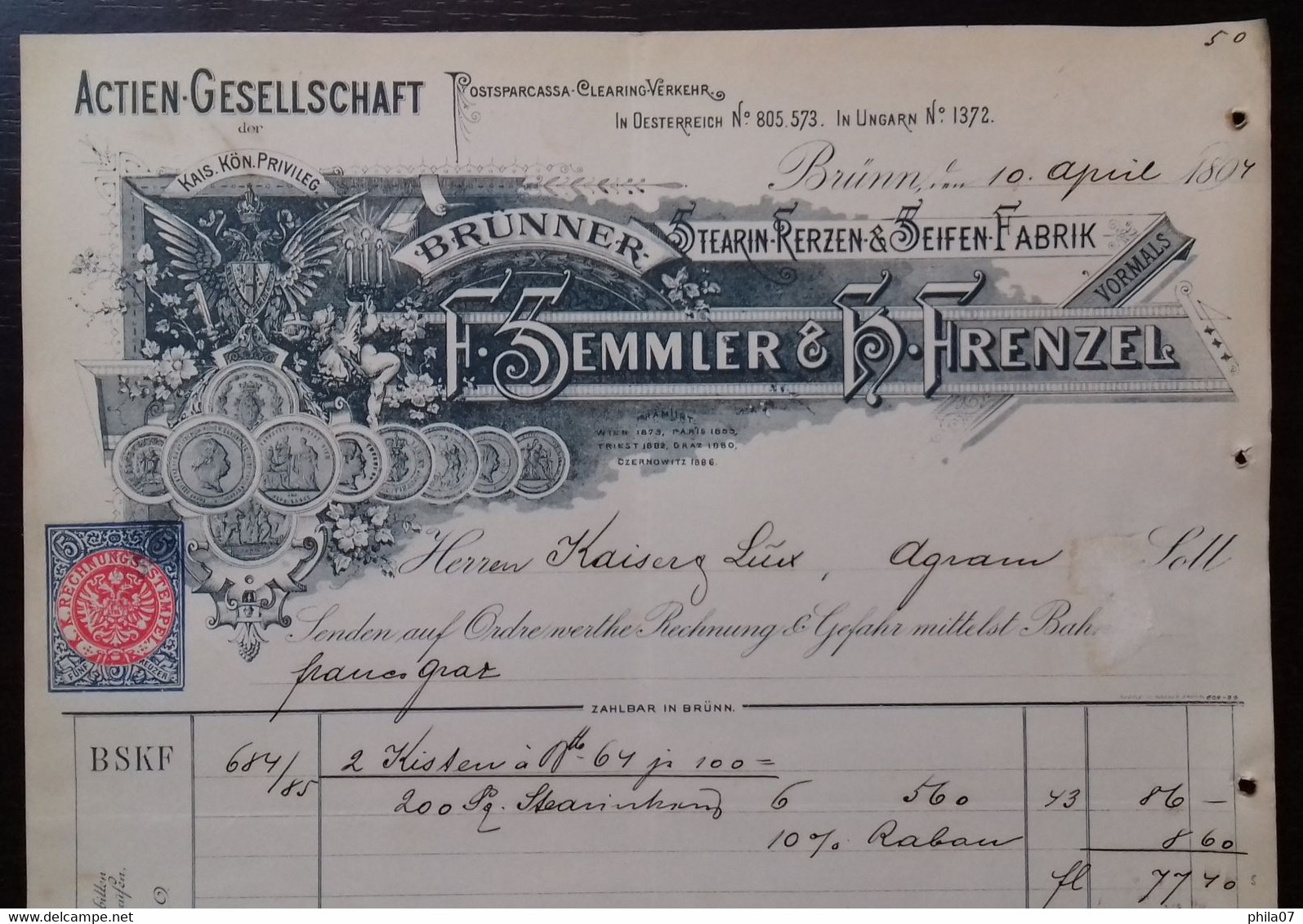 Actien-Gesellschaft, Brunner, Stearin- Kerzen & Saifen Fabrik, F. Semmler & K. Hrenzel 1894. - Autres & Non Classés