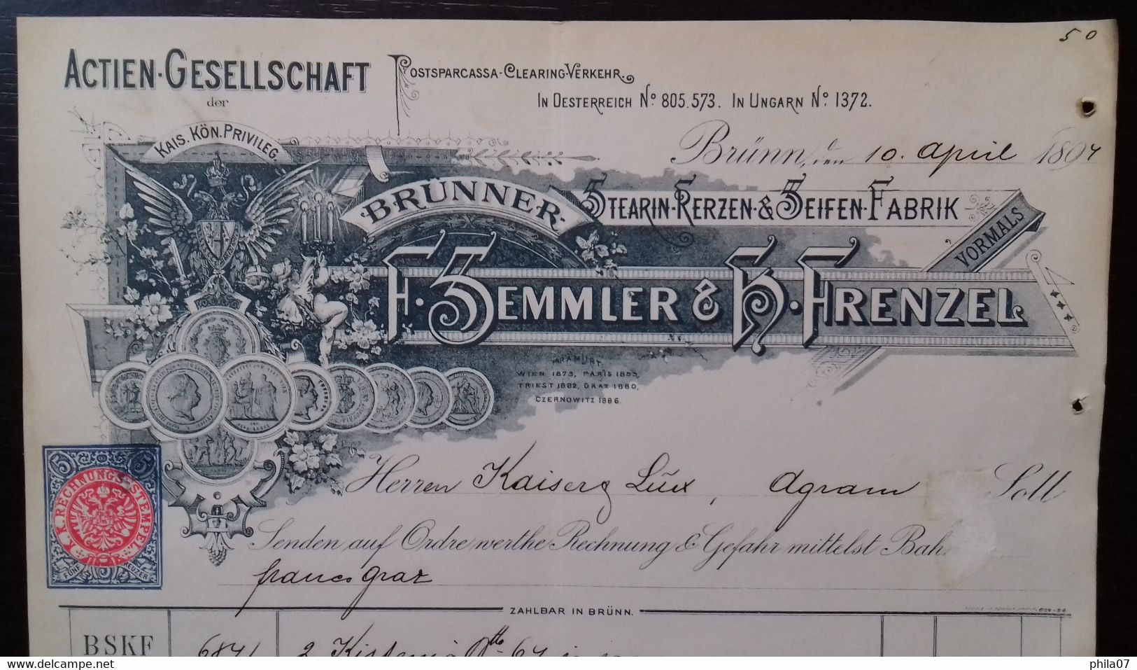 Actien-Gesellschaft, Brunner, Stearin- Kerzen & Saifen Fabrik, F. Semmler & K. Hrenzel 1894. - Sonstige & Ohne Zuordnung