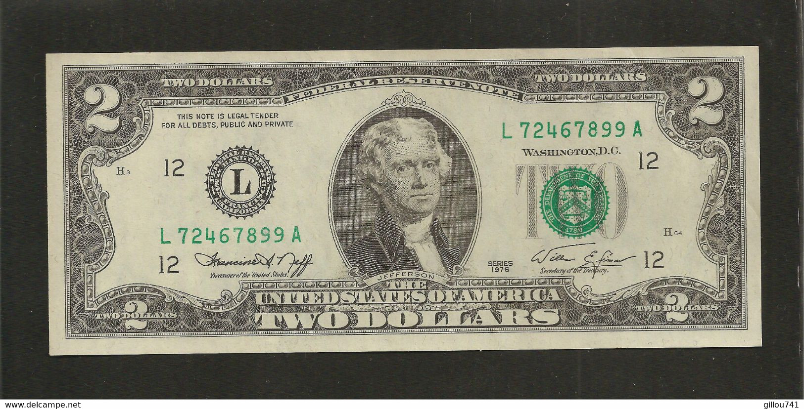 Etats Unis D'Amérique, 2 Dollars, 1976 Federal Reserve Notes - Small Size 1976 Series - Biljetten Van De  Federal Reserve (1928-...)
