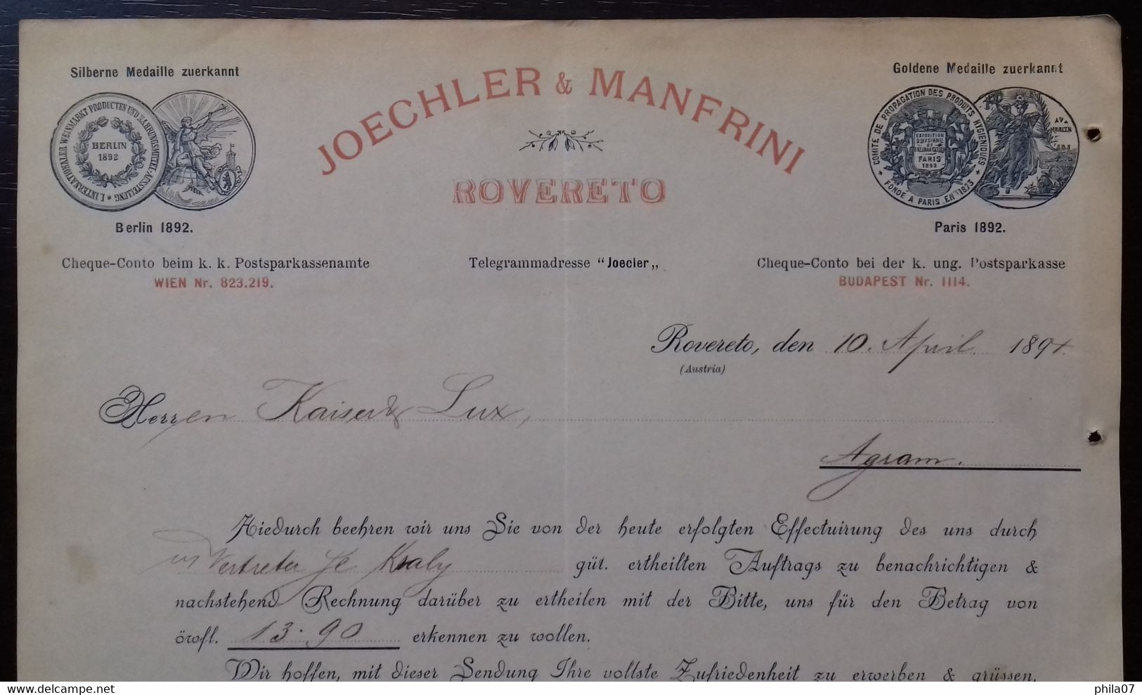 Joechler & Manfrini, Rovereto, 1897. - Autres & Non Classés