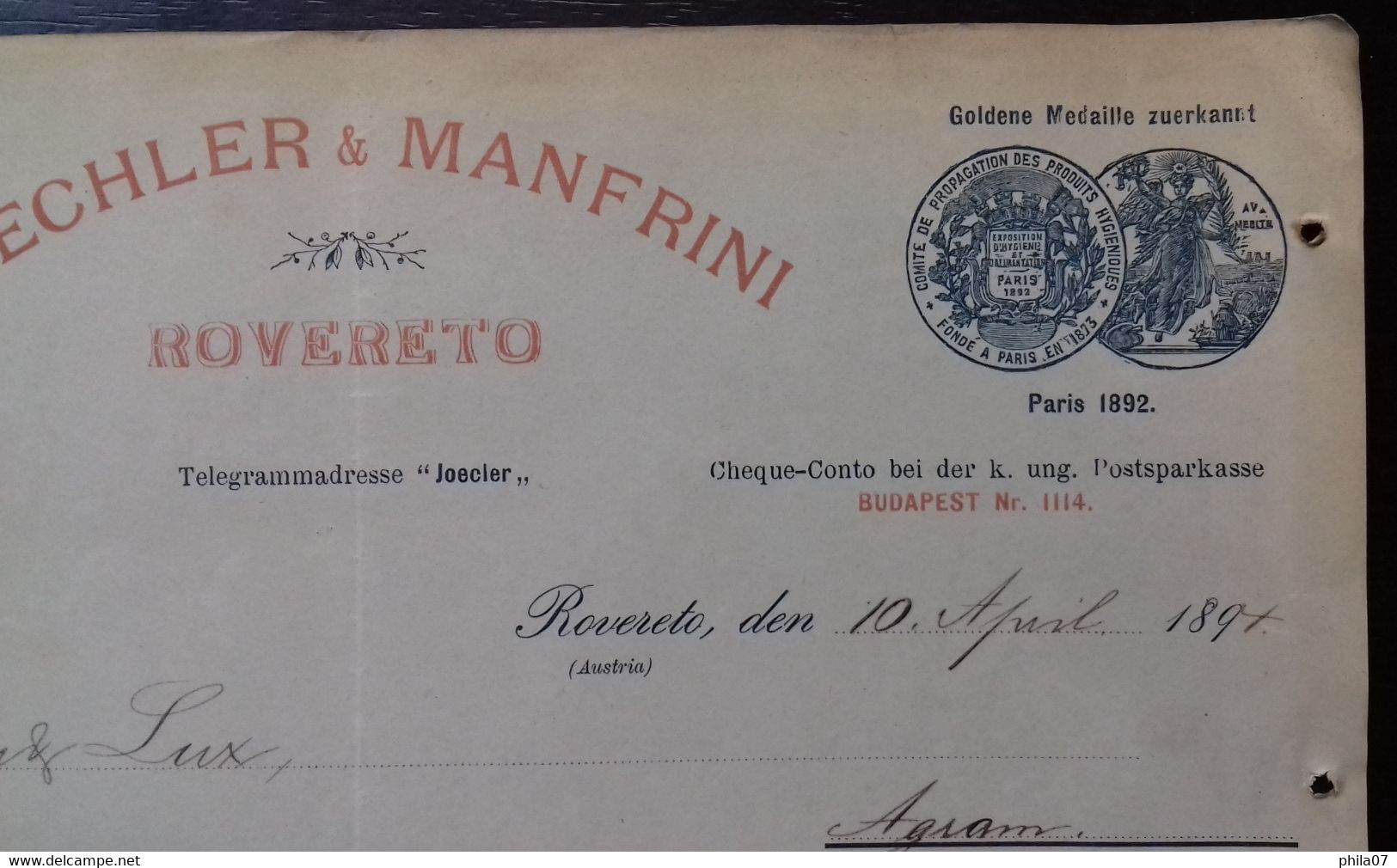 Joechler & Manfrini, Rovereto, 1897. - Sonstige & Ohne Zuordnung