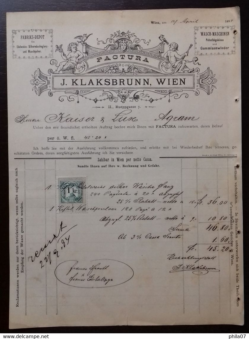 Factory Depot Of The Edelweiss-silver Wash Gloss And Washing Powder - Factura J. Klaksbruu, Wien 1894 - Other & Unclassified