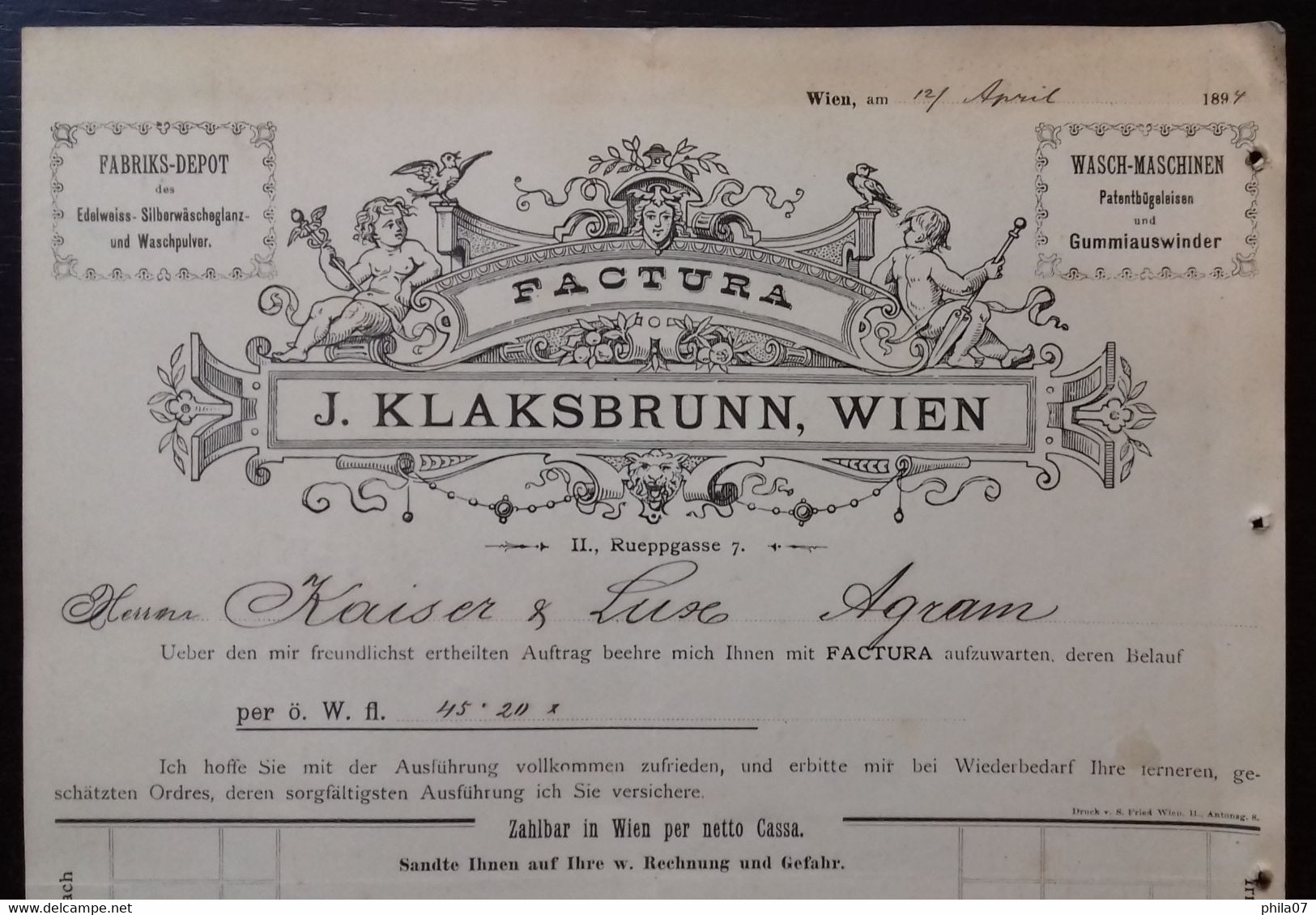 Factory Depot Of The Edelweiss-silver Wash Gloss And Washing Powder - Factura J. Klaksbruu, Wien 1894 - Autres & Non Classés