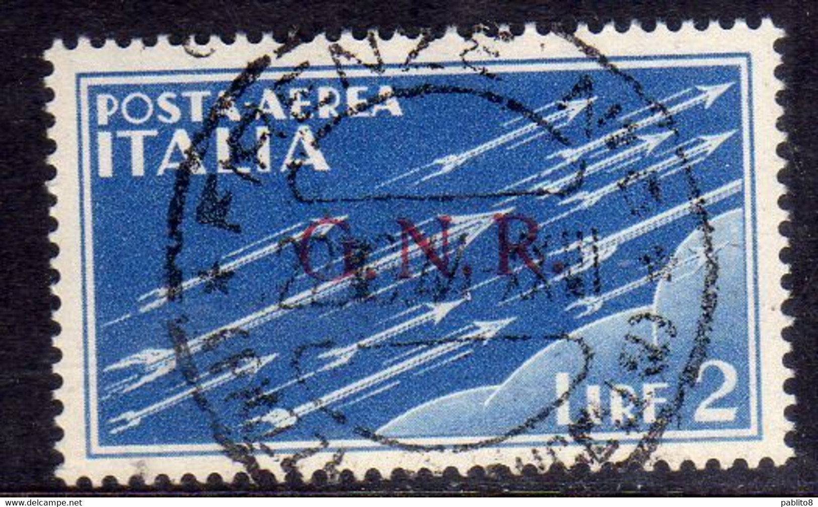 ITALIA REGNO ITALY KINGDOM 1944 RSI GNR REPUBBLICA SOCIALE POSTA AEREA AIR MAIL SOGGETTI ALLEGORICI LIRE 2 USATO USED - Luchtpost