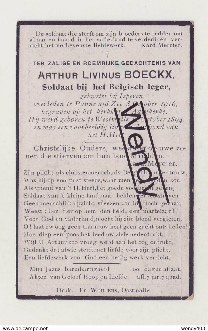 Arthur Boeckx  °Westmalle 1894   +Panne A/zee 1916 - Begraven Te Adinkerke - Devotion Images