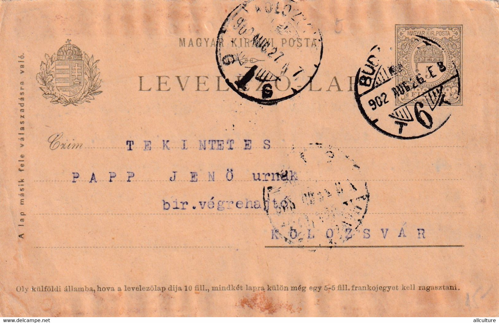 A7937- MAGYAR KIRALYI POSTA, LEVELEZO LAP, SENT TO KOLOSZVAR 1902 FROM BUDAPEST HUNGARY, MAGYAR POSTAL STATIONERY - Ganzsachen