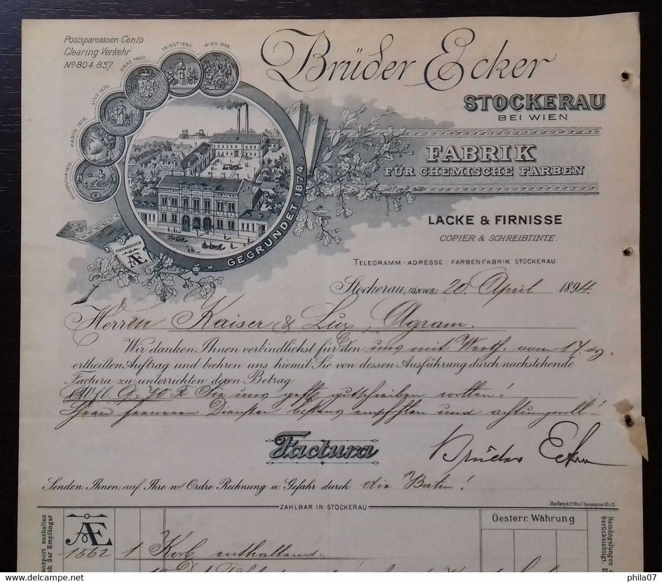 Chemical Paint Factory - Bruder Ecker, Stockerau Bei Wien, 1894. Fabrik Fur Chemische Farben, Lacke & Firnisse, Copier & - Autres & Non Classés