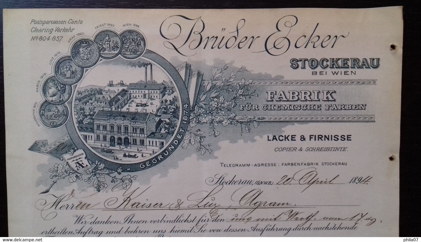 Chemical Paint Factory - Bruder Ecker, Stockerau Bei Wien, 1894. Fabrik Fur Chemische Farben, Lacke & Firnisse, Copier & - Other & Unclassified