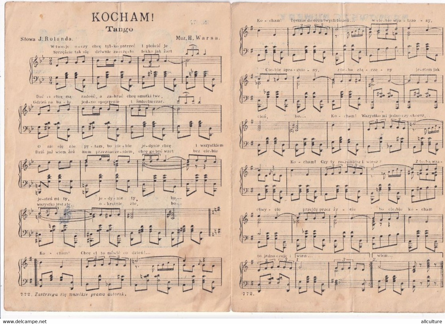 A7948- KOCHAM TANGO SONG, E.BODO POLISH ACTOR ,NAKLAD I.RZEPECKIEGO, WARSAW POLAND MUSICAL NOTES - Afiches & Pósters