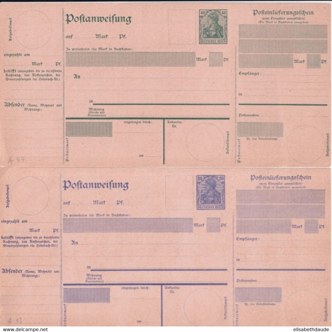 1920 - GERMANIA - CARTES MANDAT POSTAL "POSTANWEISUNG" Mi 43/44 NEUVES - Cartes Postales
