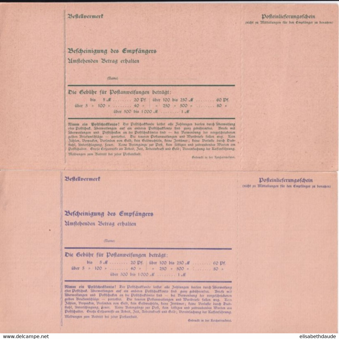 1920 - GERMANIA - CARTES MANDAT POSTAL "POSTANWEISUNG" Mi 43/44 NEUVES - Cartoline