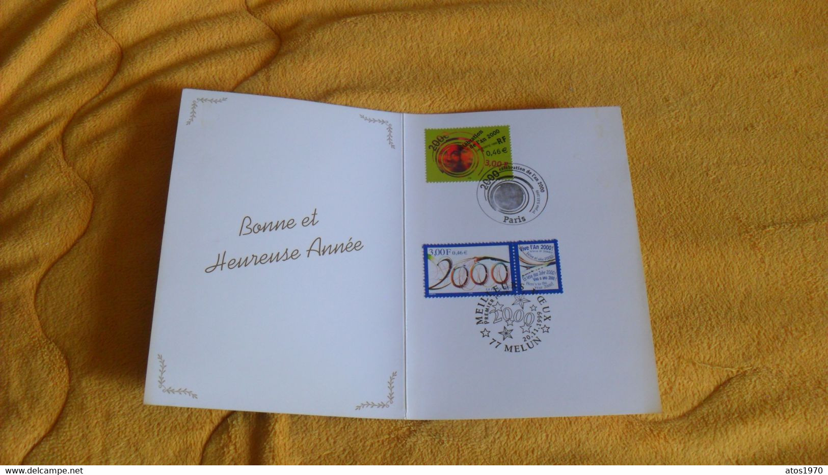 CARTE POSTALE 2 VOLETS PHILATELIQUE BONNE ET HEUREUSE ANNEE 1999..CACHETS MEILLEURS VOEUX 77 MELUN ET 2000 CELEBRATION - Documents Of Postal Services