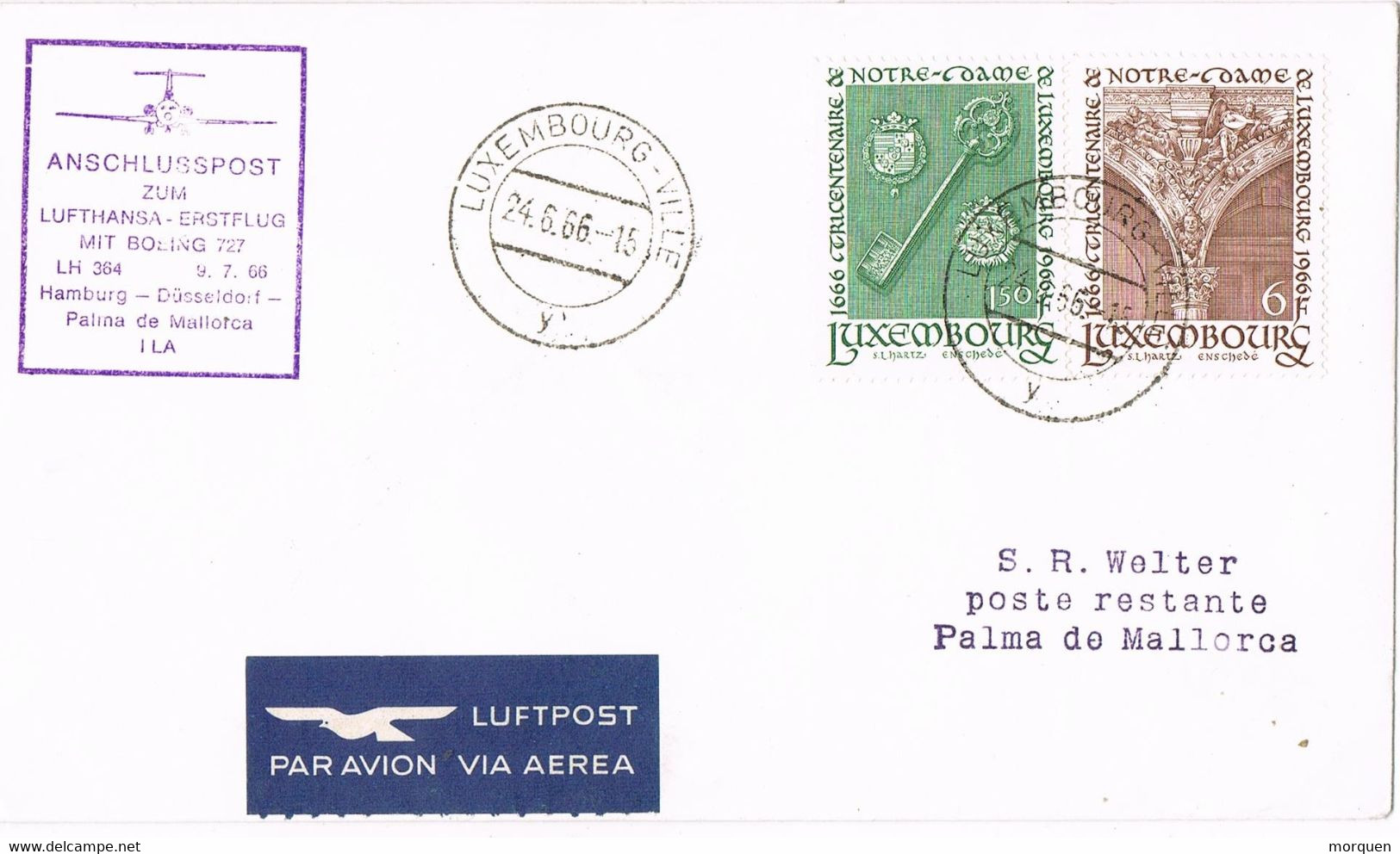 40677. Carta Aerea  LUXEMBOURG 1966. First Flight Lufthansa Hamburg To Palma Mallorca - Lettres & Documents