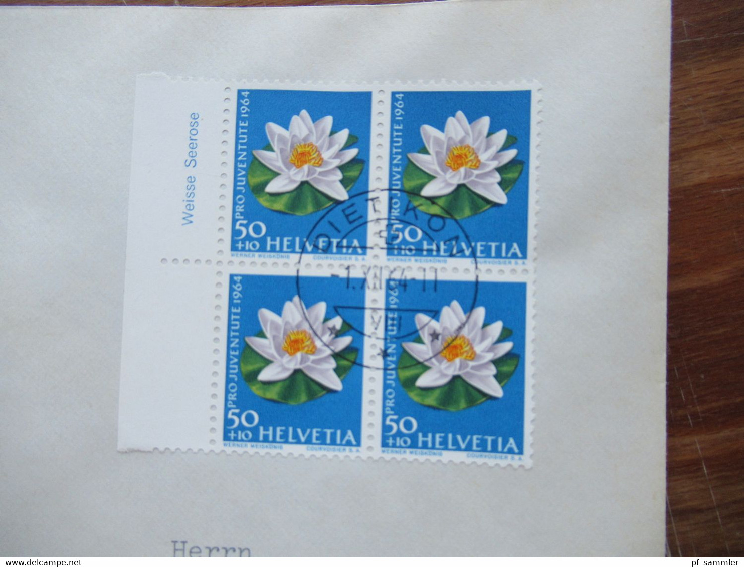 Schweiz FDC 1.12.1964 Pro Juventute Blumen Nr. 804 / 807 jeweils als 4er Block mit Bogenrand mit Blumennamen