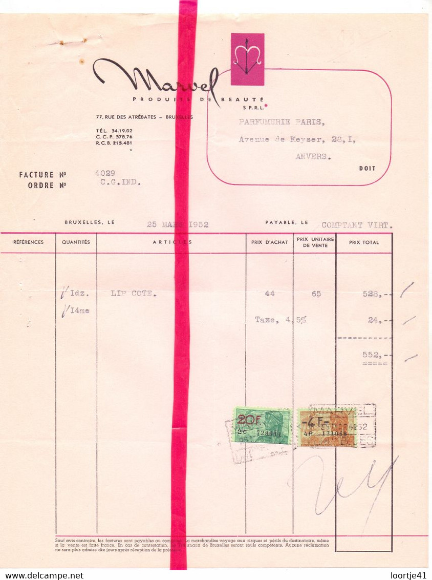 Factuur Facture - Bruxelles - Parfums  Marvel - 1952 - Chemist's (drugstore) & Perfumery