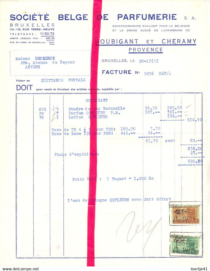 Factuur Facture - Bruxelles - Parfum , Société Belge De Parfumerie  - 1951 - Profumeria & Drogheria