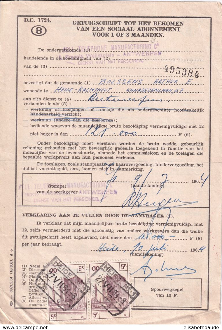 1964 - BELGIQUE - TIMBRE CHEMINS DE FER Sur CERTIFICAT POUR OBTENTION ABONNEMENT SOCIAL De HEIDE - Andere & Zonder Classificatie