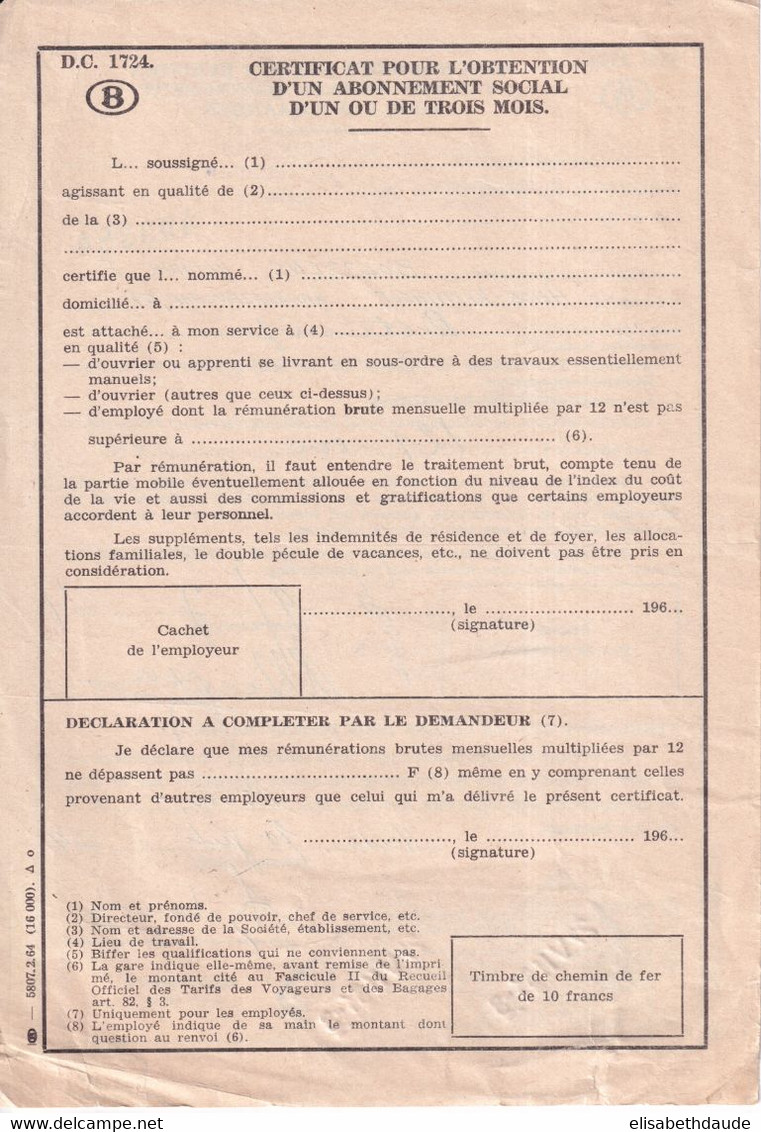 1964 - BELGIQUE - TIMBRE CHEMINS DE FER Sur CERTIFICAT POUR OBTENTION ABONNEMENT SOCIAL De HEIDE - Other & Unclassified