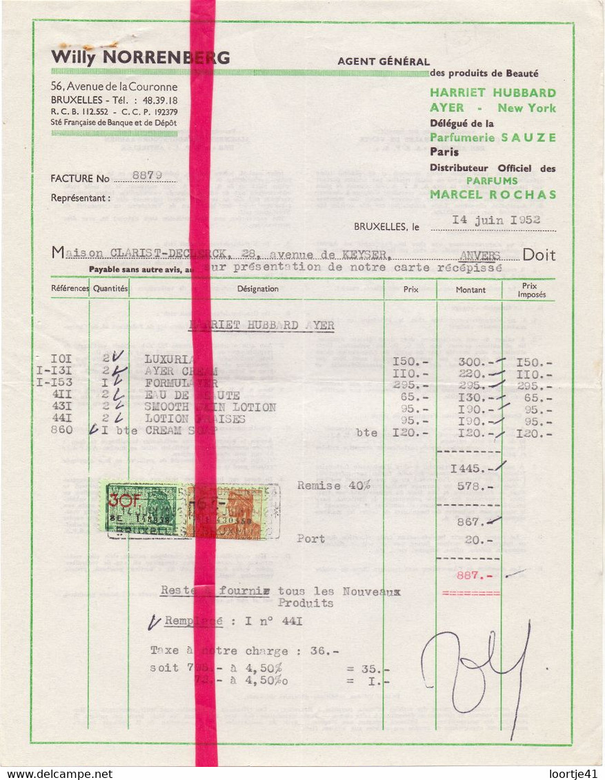 Factuur Facture - Parfum ; Willy Norrenberg - Bruxelles - 1952 - Profumeria & Drogheria
