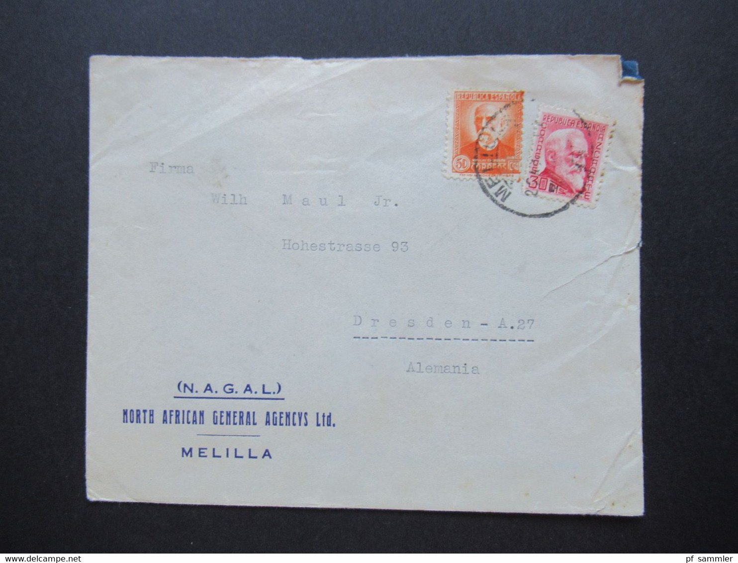 Spanien Brief / Umschlag N.A.G.A.L. North African General Agencys Ltd. Melilla Spanische Enklave In Afrika Nach Dresden - Briefe U. Dokumente