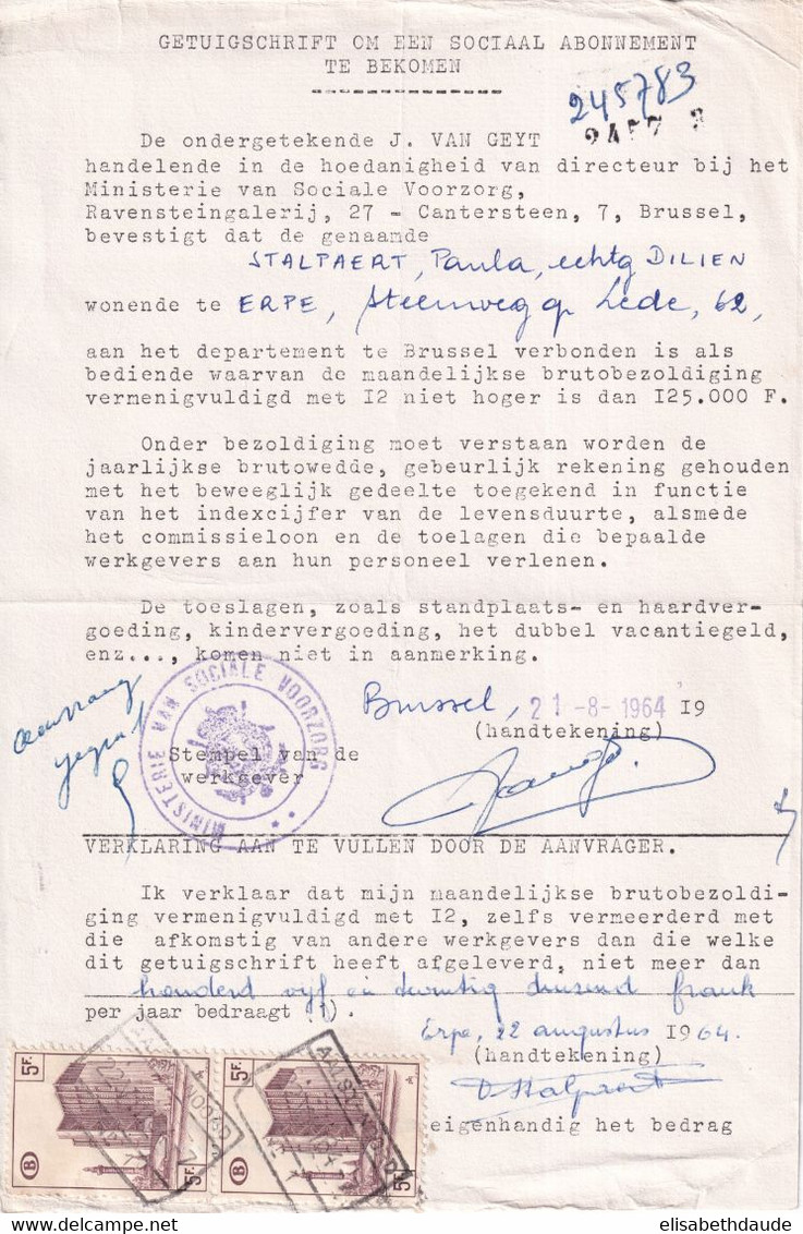 1964 - BELGIQUE - TIMBRE CHEMINS DE FER Sur CERTIFICAT POUR OBTENTION ABONNEMENT SOCIAL De ERPE / AALST - Otros & Sin Clasificación