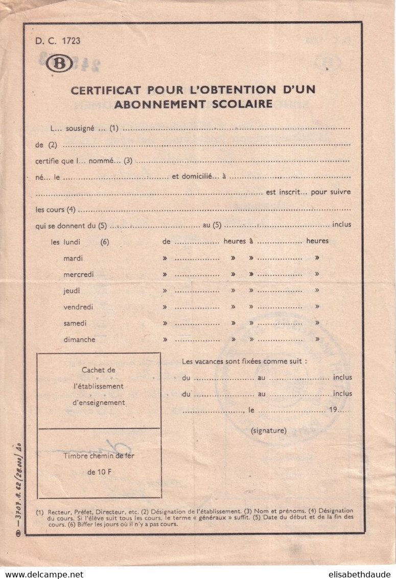 1964 - BELGIQUE - TIMBRE CHEMINS DE FER Sur CERTIFICAT POUR OBTENTION ABONNEMENT SCOLAIRE De AALST - Otros & Sin Clasificación