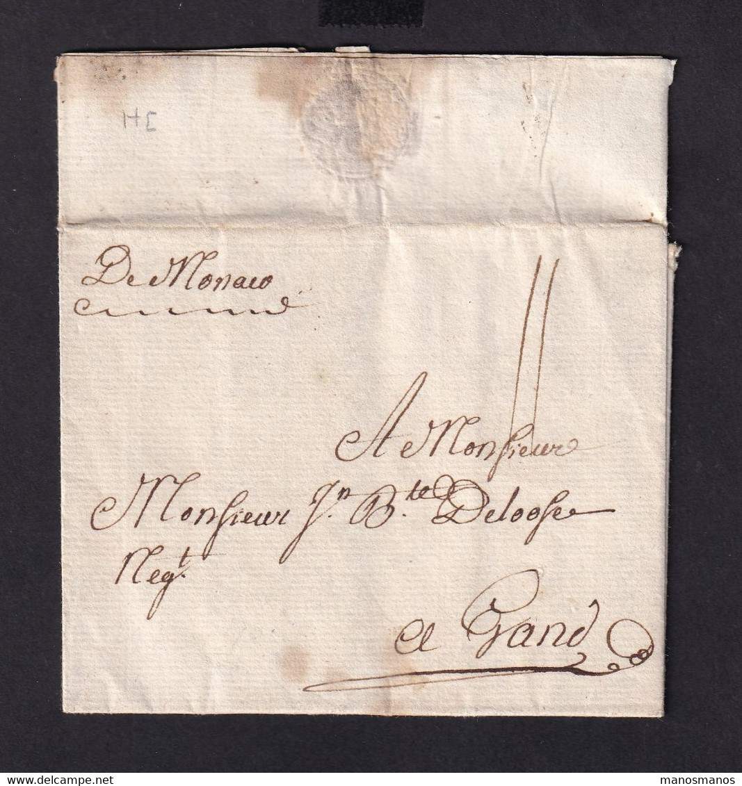 DDZ 617 - MONACO - Lettre Précurseur " De Monaco" 1781 Vers GAND - Ecrite à PORT MAURICE - Port 11 Sols - ...-1885 Precursori