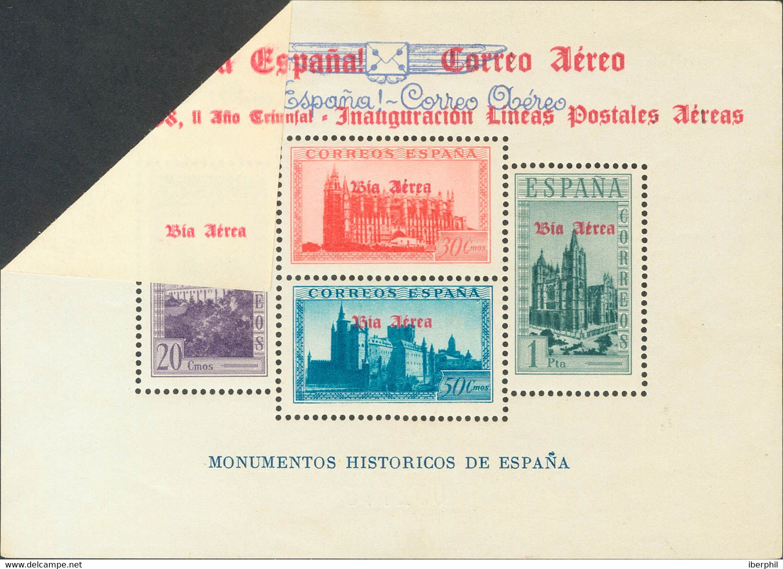 **97A. 1938. Hoja Bloque. Variedad SOBRECARGA PARCIAL (parte En Reverso), Por Pliegue Del Papel. MAGNIFICA Y MUY RARA, P - Other & Unclassified