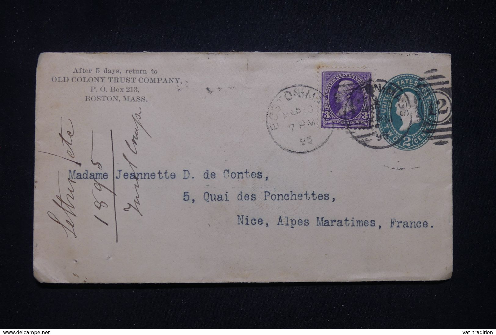 ETATS UNIS - Entier Postal Commercial + Complément De Boston Pour La France En 1896  - L 99311 - ...-1900