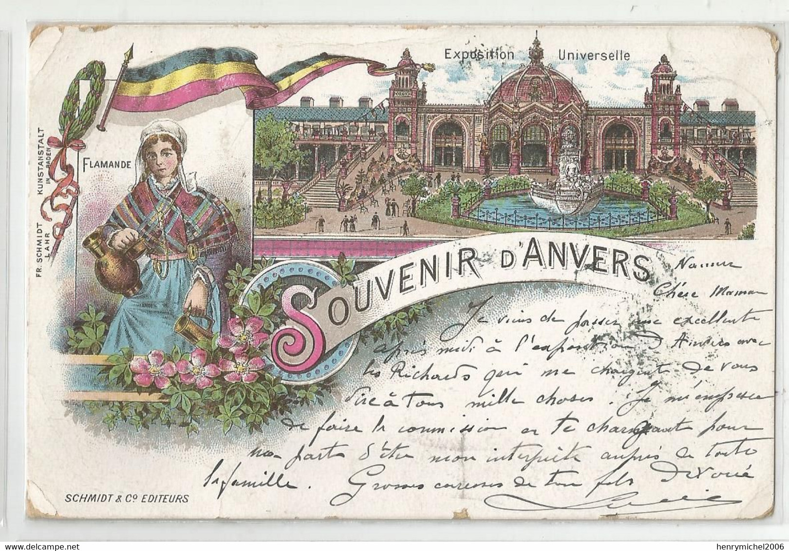 Marcophilie Belgique Souvenir D'anvers Exposition Universelle Flamande Schmidt Cachet Namur Station 1894 - Other & Unclassified