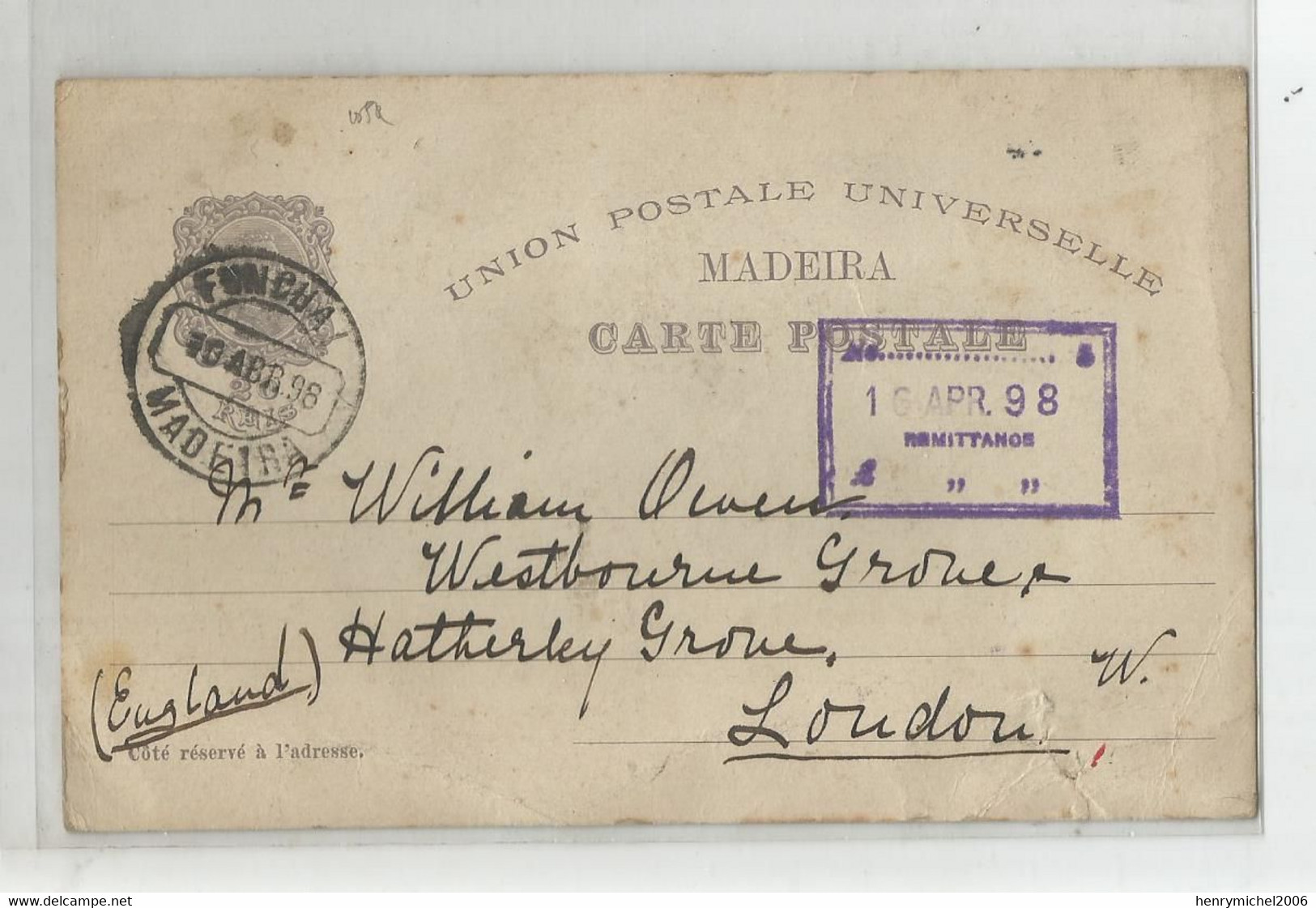 Marcophilie Portugal Cachet Funchal Madeira 1898 Pour London England Centenario Da India - Marcofilia