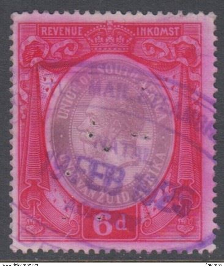 1913-1924. UNION OF SOUTH AFRICA. Georg V. REVENUE INKOMST. 6 D. Small Holes () - JF420372 - Dienstmarken