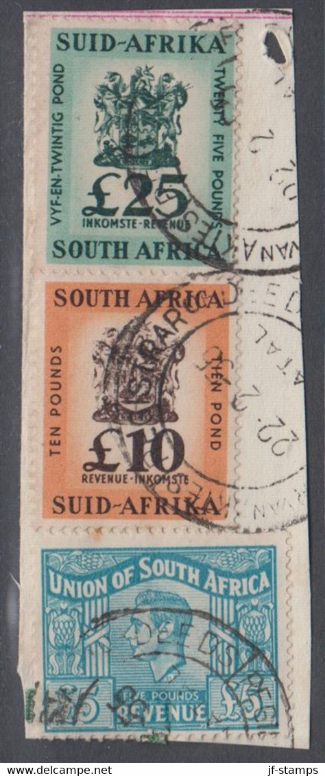 1955. UNION OF SOUTH AFRICA. Georg VI. REVENUE INKOMST. £ 5 + £ 25 + £ 10 On Small Pi... () - JF420379 - Dienstzegels