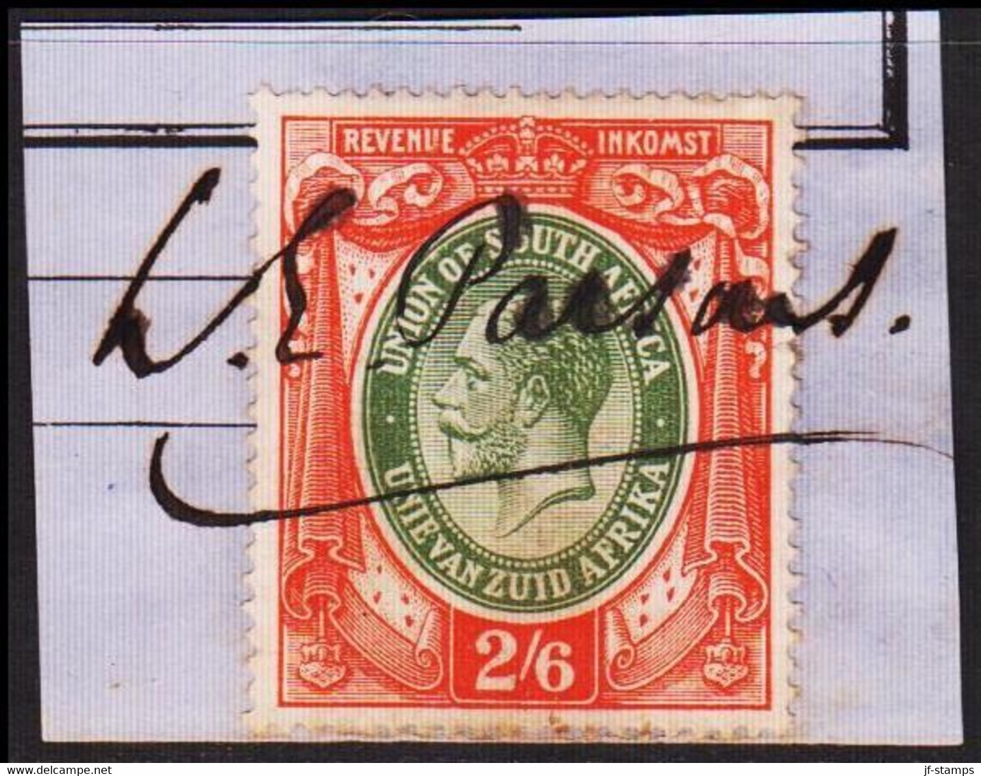 1913-1924. UNION OF SOUTH AFRICA. Georg V. REVENUE INKOMST. 2/6 S. On Small Piece.  () - JF420425 - Dienstzegels