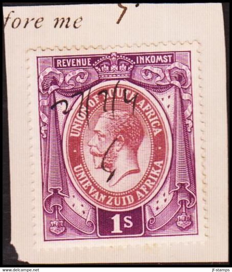 1913-1924. UNION OF SOUTH AFRICA. Georg V. REVENUE INKOMST. 1 S. On Small Piece.  () - JF420429 - Service