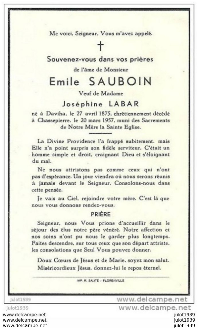 DAVIHA ..-- AZY ..-- Mr Emile SAUBOIN , Veuf De Mme Joséphine LABAR , Né En 1875 , Décédé à CHASSEPIERRE En 1957 . - Florenville