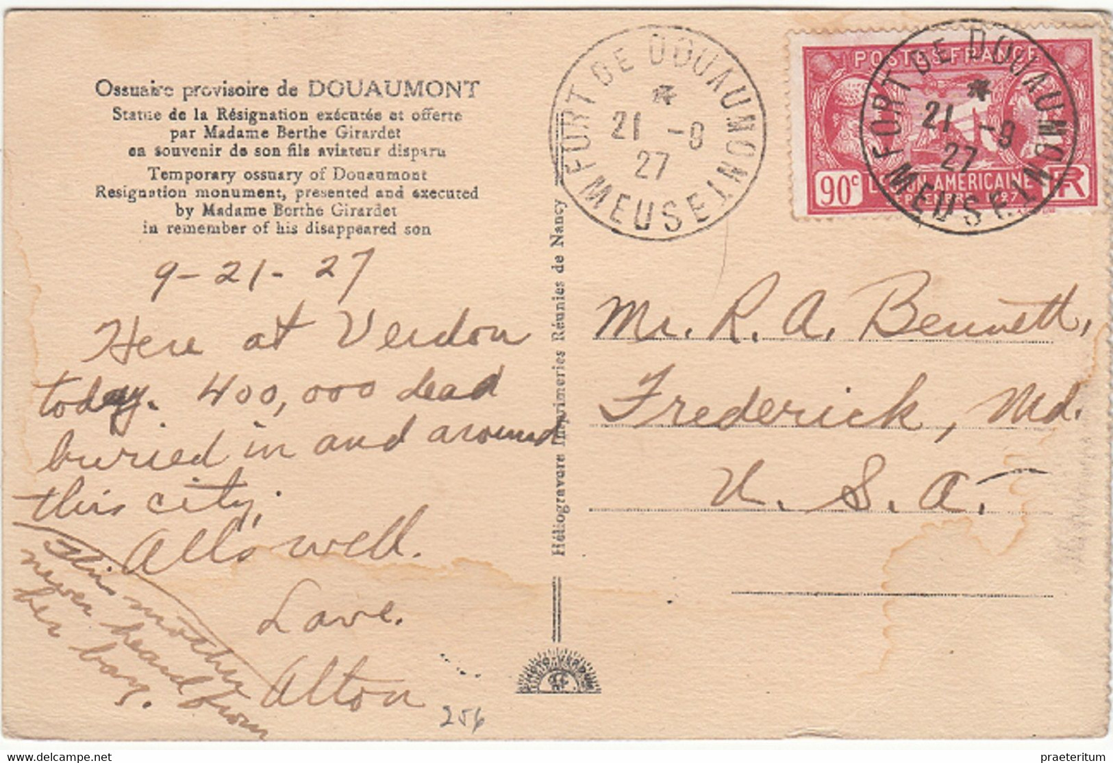 FRANCE  Fort De Douaumont, Meuse,   21 Aout 1927 - Yvert No 244 Timbre Seul - Vers Les USA - Cartas & Documentos